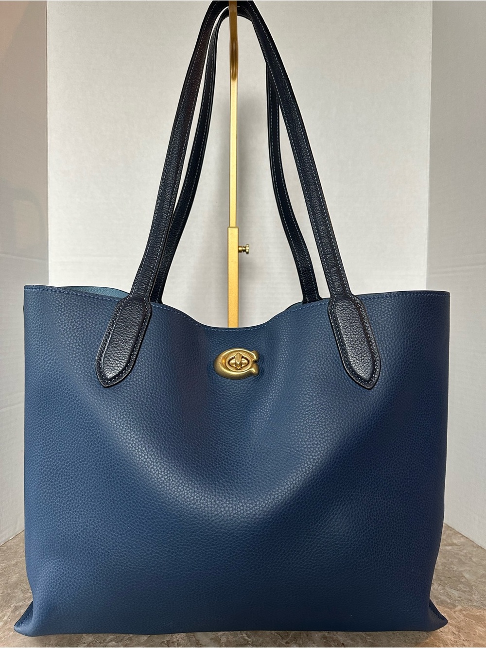 Coach Willow Tote Bag Blue Leather Slouchy Shoulder Bag Quiet Luxury Turn Lock